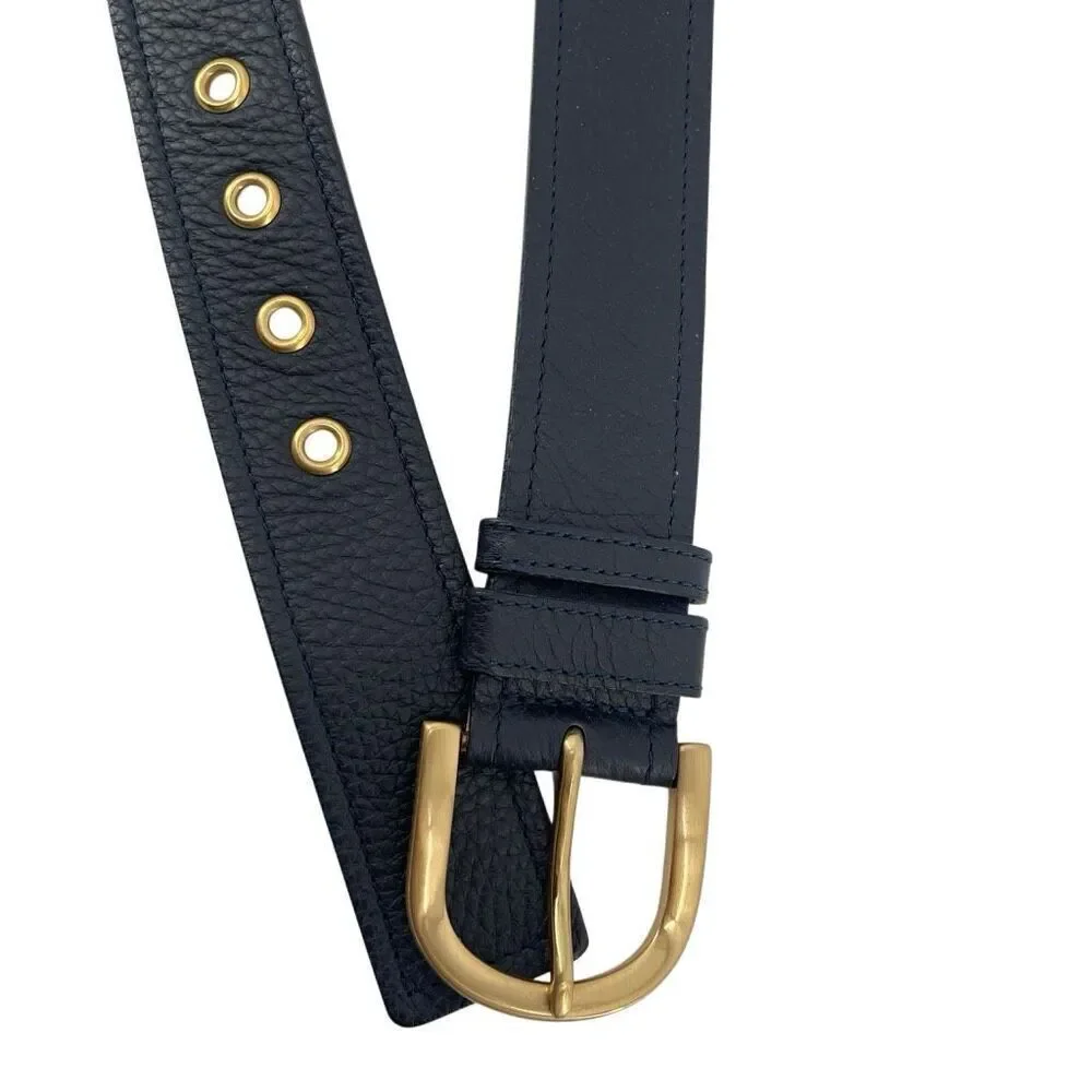 Talbots Contour Navy Pebbled Leather Belt Gold Grommet Buckle Italy Large